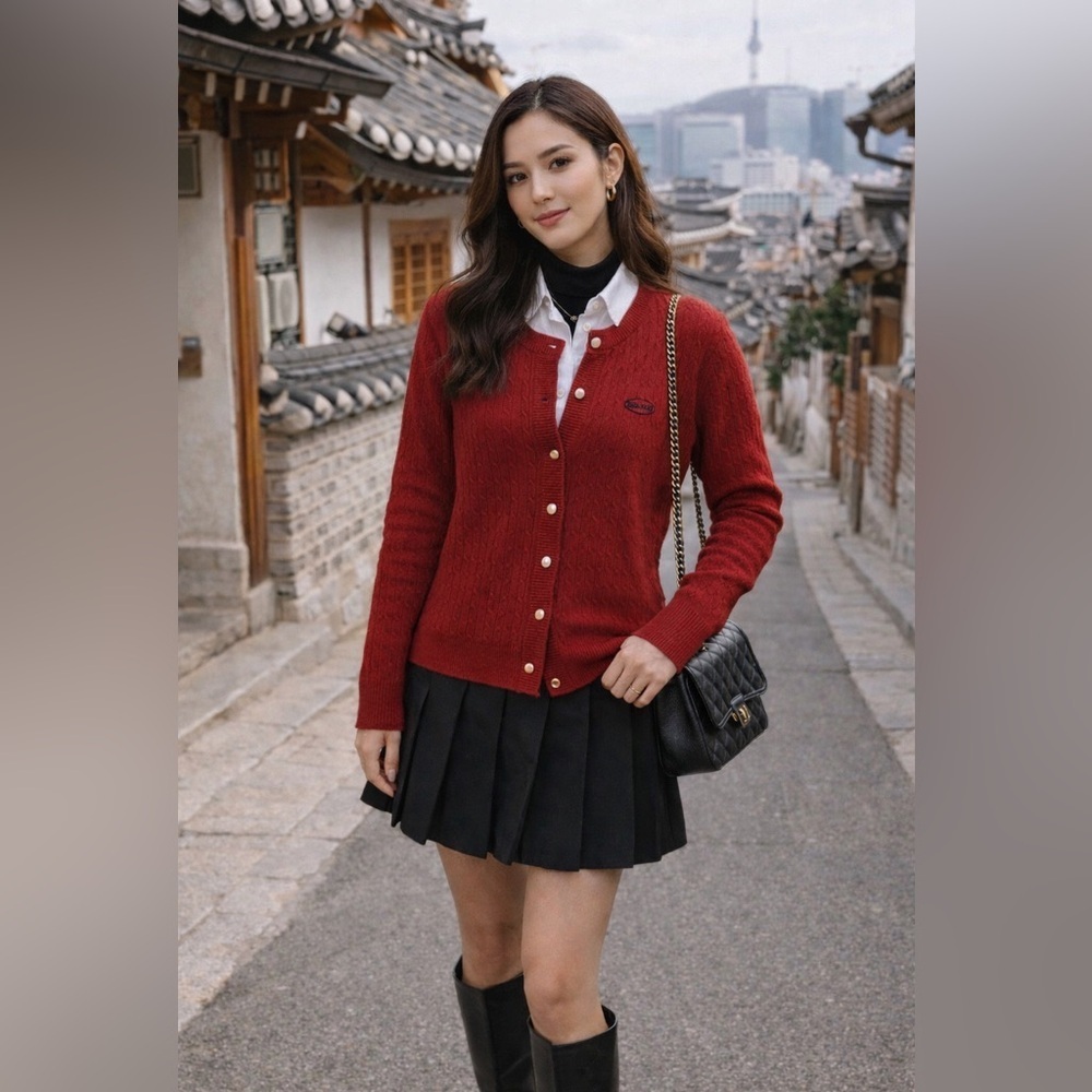 Korean Style Fashion Cable Knit Gold button Cardigan|Dark Red| OS| NWOT - Picture 4 of 6